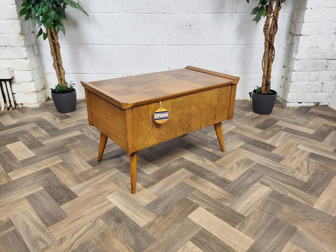 Vintage Mid-Century Walnut Parquet Sewing Craft Box Table Retro 60's MCM