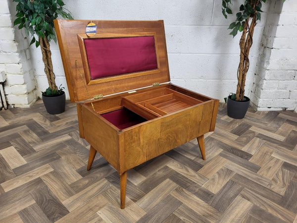 Vintage Mid-Century Walnut Parquet Sewing Craft Box Table Retro 60's MCM