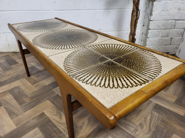 Vintage Mid-Century Teak & Tiled Long Coffee Table Danish Scandi Retro MCM