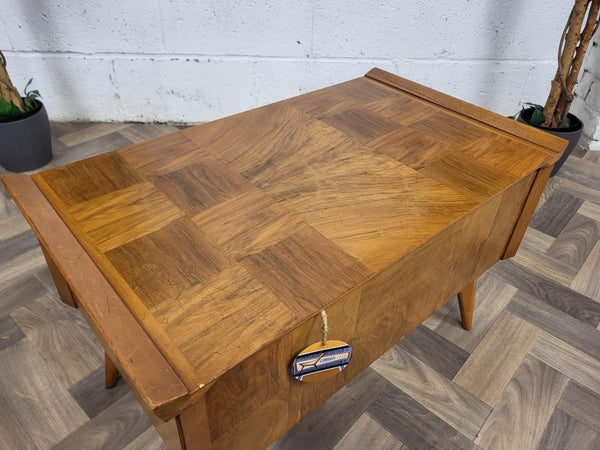 Vintage Mid-Century Walnut Parquet Sewing Craft Box Table Retro 60's MCM