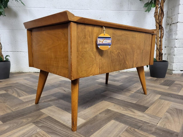 Vintage Mid-Century Walnut Parquet Sewing Craft Box Table Retro 60's MCM