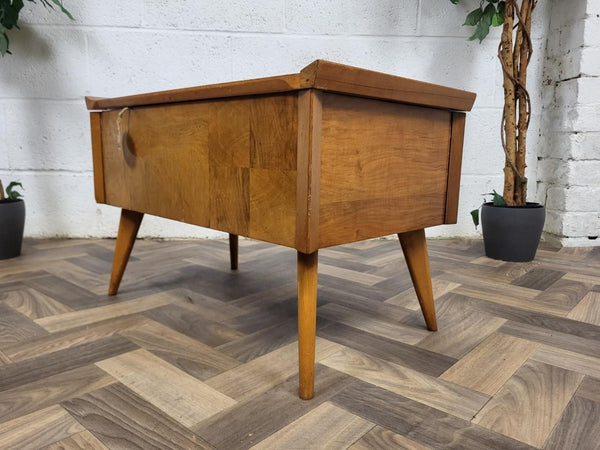 Vintage Mid-Century Walnut Parquet Sewing Craft Box Table Retro 60's MCM