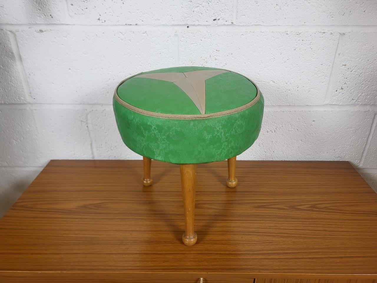 Vintage Mid-Century Sherborne Small Green Vinyl Round Stool Pouffe Retro 70's