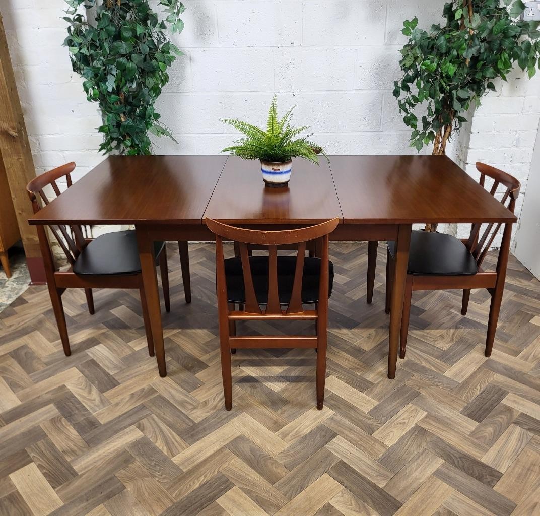 Vintage Mid-Century EON Teak Extending Dining Table & 4 Black Vinyl Chairs