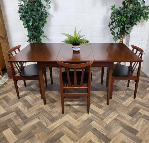 Vintage Mid-Century EON Teak Extending Dining Table & 4 Black Vinyl Chairs