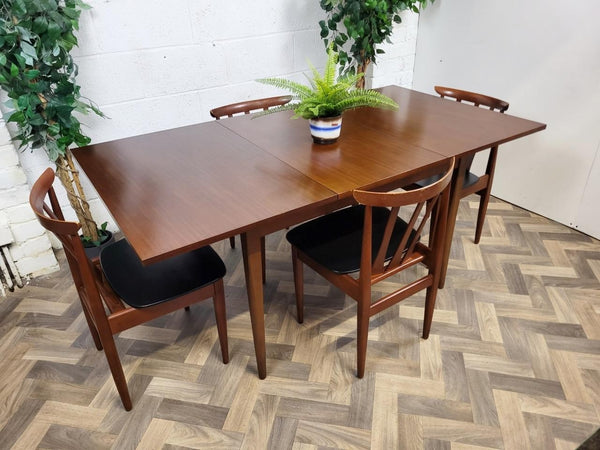 Vintage Mid-Century EON Teak Extending Dining Table & 4 Black Vinyl Chairs