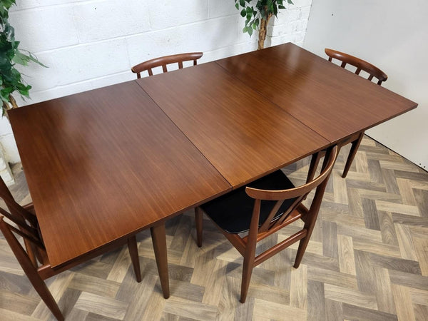 Vintage Mid-Century EON Teak Extending Dining Table & 4 Black Vinyl Chairs