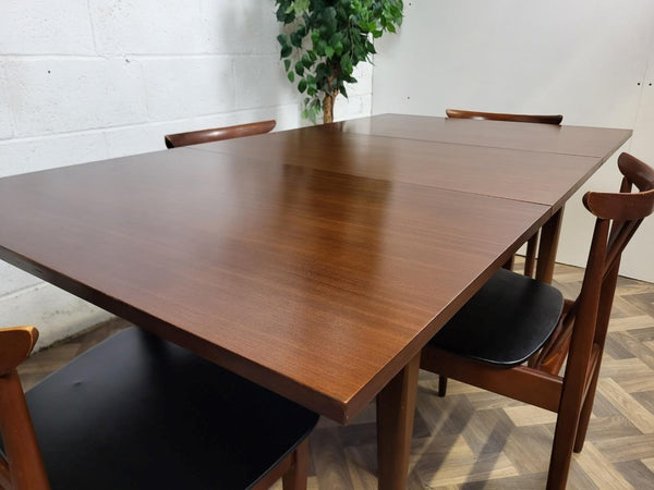 Vintage Mid-Century EON Teak Extending Dining Table & 4 Black Vinyl Chairs