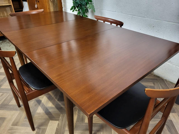 Vintage Mid-Century EON Teak Extending Dining Table & 4 Black Vinyl Chairs