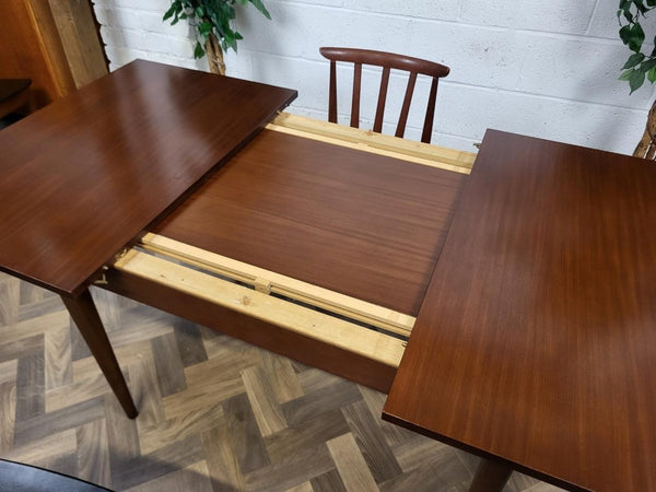 Vintage Mid-Century EON Teak Extending Dining Table & 4 Black Vinyl Chairs