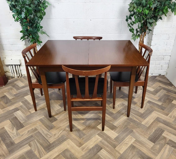 Vintage Mid-Century EON Teak Extending Dining Table & 4 Black Vinyl Chairs