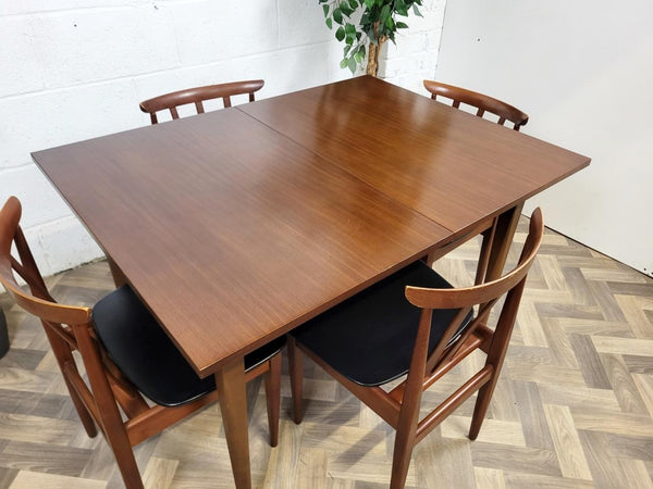 Vintage Mid-Century EON Teak Extending Dining Table & 4 Black Vinyl Chairs