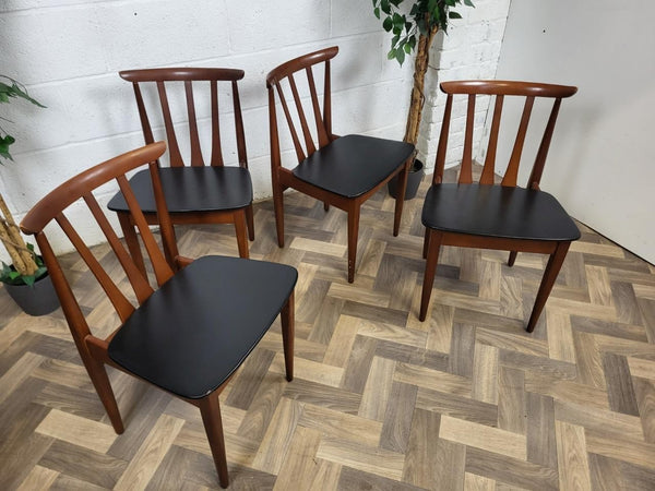 Vintage Mid-Century EON Teak Extending Dining Table & 4 Black Vinyl Chairs