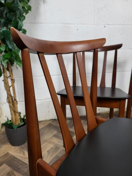Vintage Mid-Century EON Teak Extending Dining Table & 4 Black Vinyl Chairs