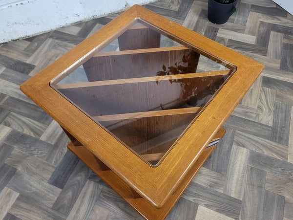 Vintage Mid-Century Teak & Glass Square Coffee Table Magazine LP Rack Danish