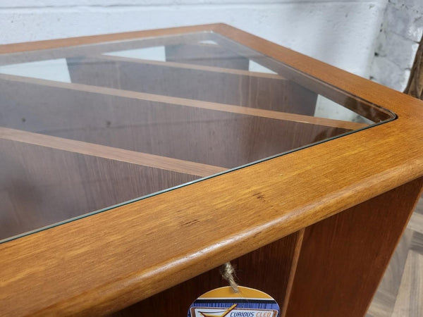 Vintage Mid-Century Teak & Glass Square Coffee Table Magazine LP Rack Danish