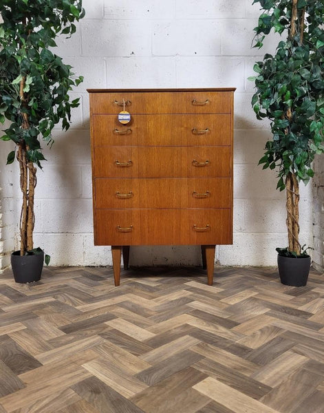 Vintage Mid-Century Teak Chest Of 5 Drawers Scandi MCM Retro