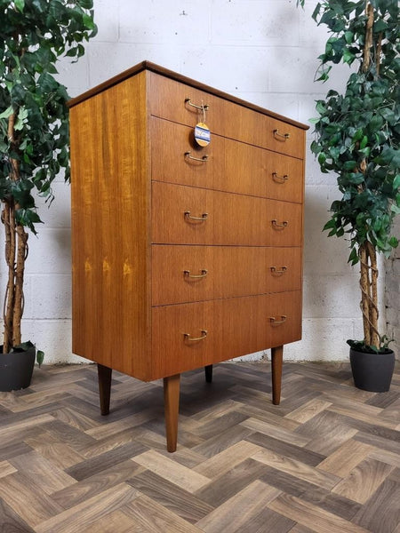 Vintage Mid-Century Teak Chest Of 5 Drawers Scandi MCM Retro