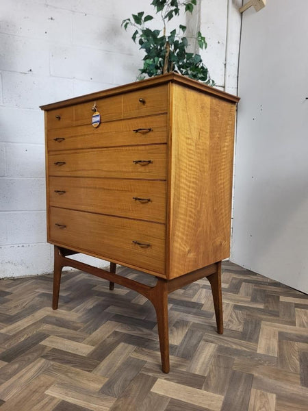 Vintage Mid-Century Alfred Cox Walnut Chest Of 5 Drawers Scandi MCM Retro