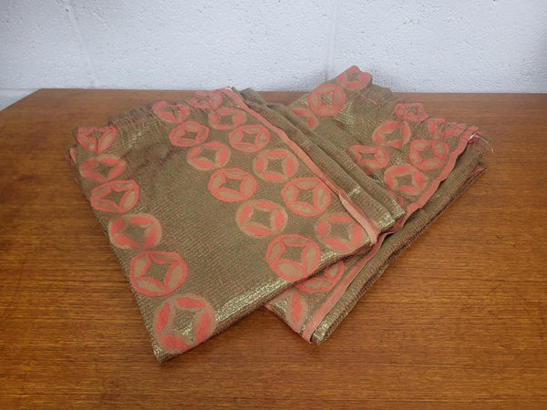 Beautiful Vintage 60's Mid-Century Curtains Woven Silk Gold & Red Circles MCM