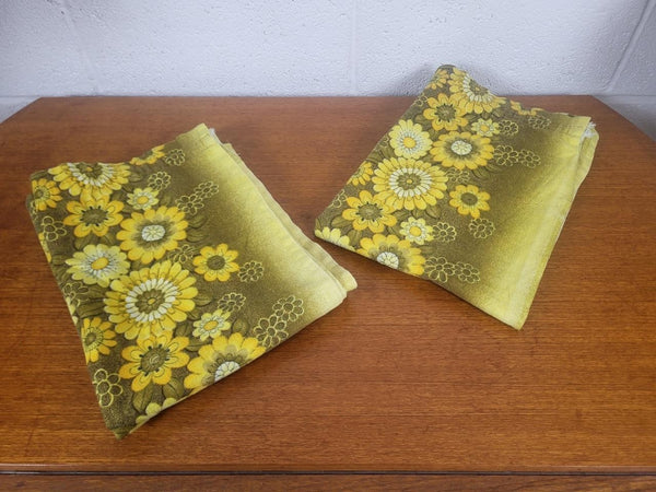 Beautiful Vintage 60's Mid-Century Barkcloth Curtains Yellow Floral MCM