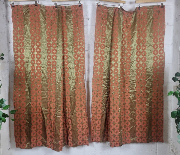 Beautiful Vintage 60's Mid-Century Curtains Woven Silk Gold & Red Circles MCM