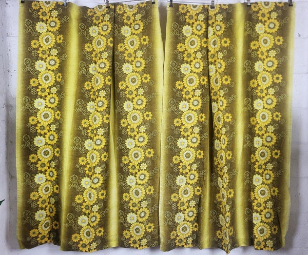 Beautiful Vintage 60's Mid-Century Barkcloth Curtains Yellow Floral MCM