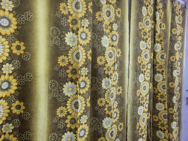 Beautiful Vintage 60's Mid-Century Barkcloth Curtains Yellow Floral MCM