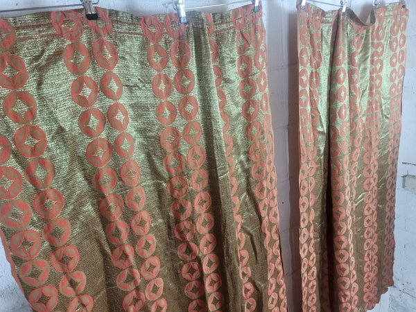 Beautiful Vintage 60's Mid-Century Curtains Woven Silk Gold & Red Circles MCM