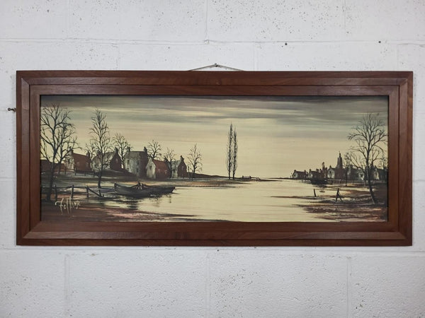 Vintage Mid-Century Large Teak Framed Print Riverbanks By Ronald Norman Folland