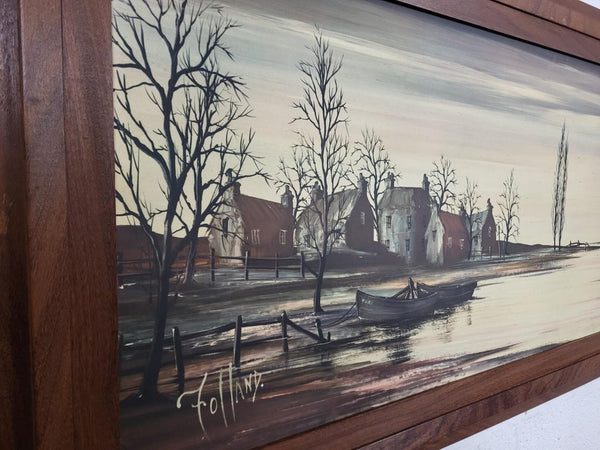 Vintage Mid-Century Large Teak Framed Print Riverbanks By Ronald Norman Folland