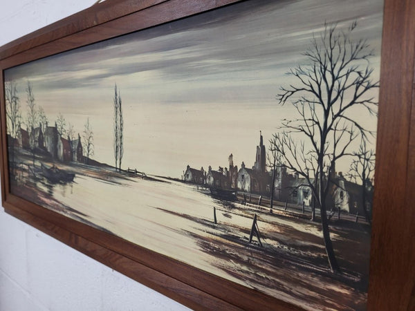 Vintage Mid-Century Large Teak Framed Print Riverbanks By Ronald Norman Folland
