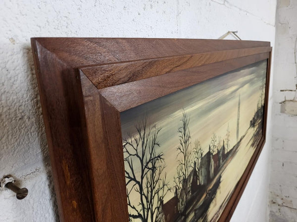 Vintage Mid-Century Large Teak Framed Print Riverbanks By Ronald Norman Folland