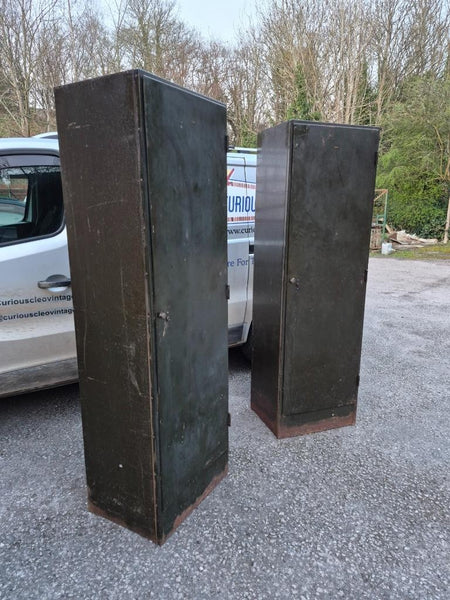 Pair Of Vintage Roneo Mid-Century Industrial Filing Locker Cabinets Green Metal