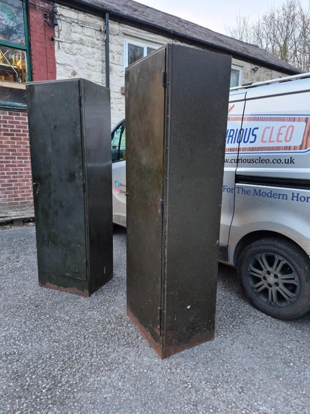 Pair Of Vintage Roneo Mid-Century Industrial Filing Locker Cabinets Green Metal
