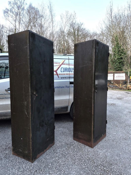 Pair Of Vintage Roneo Mid-Century Industrial Filing Locker Cabinets Green Metal