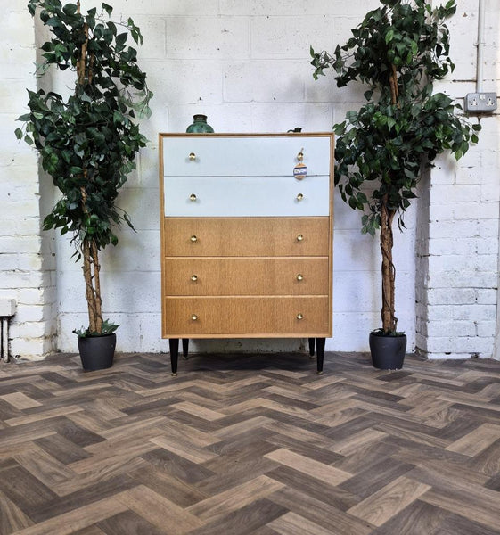 Vintage Mid-Century Meredew Oak & White Chest Of 5 Drawers Tallboy Retro Scandi