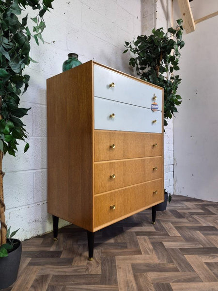 Vintage Mid-Century Meredew Oak & White Chest Of 5 Drawers Tallboy Retro Scandi