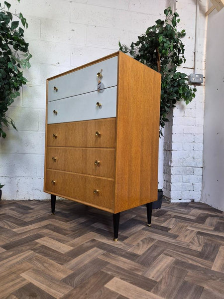 Vintage Mid-Century Meredew Oak & White Chest Of 5 Drawers Tallboy Retro Scandi