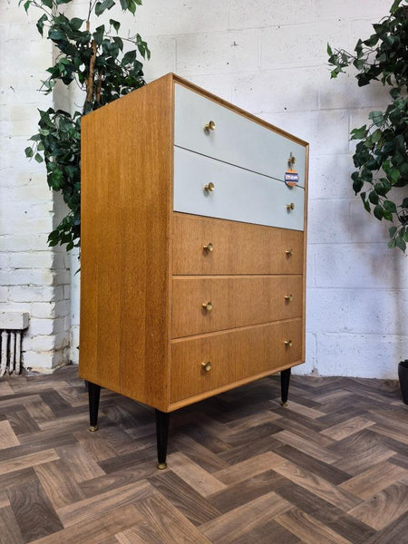 Vintage Mid-Century Meredew Oak & White Chest Of 5 Drawers Tallboy Retro Scandi