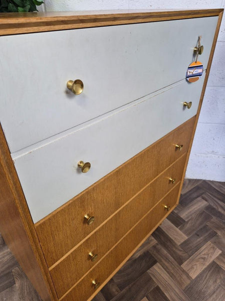 Vintage Mid-Century Meredew Oak & White Chest Of 5 Drawers Tallboy Retro Scandi