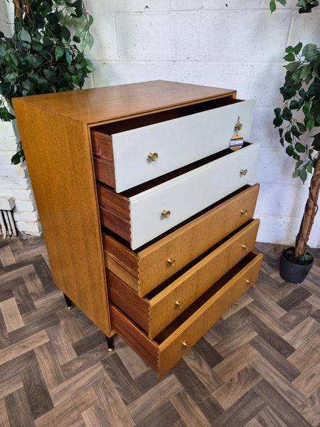 Vintage Mid-Century Meredew Oak & White Chest Of 5 Drawers Tallboy Retro Scandi
