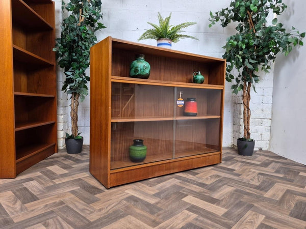 Vintage Mid-Century Teak & Glass Double Sided Bookcase Room Divider Scandi Retro