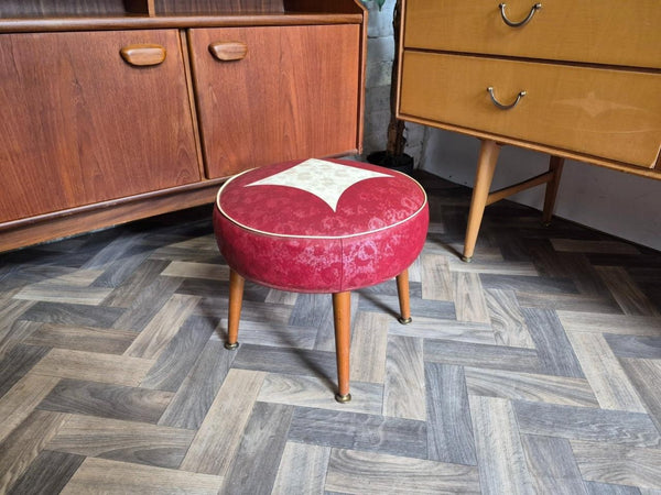 Vintage Mid-Century Sherborne Small Red Vinyl Round Stool Pouffe Retro 70's