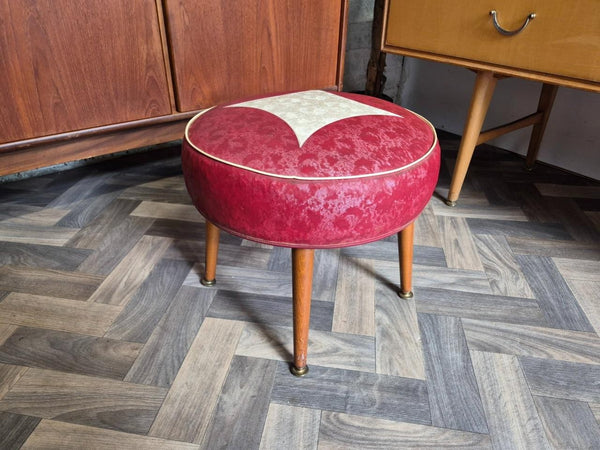 Vintage Mid-Century Sherborne Small Red Vinyl Round Stool Pouffe Retro 70's