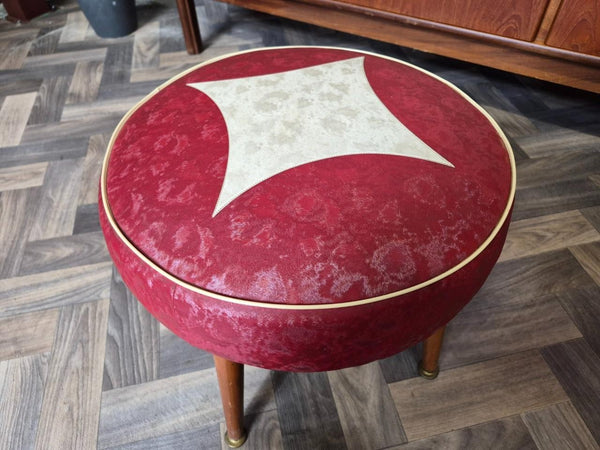 Vintage Mid-Century Sherborne Small Red Vinyl Round Stool Pouffe Retro 70's