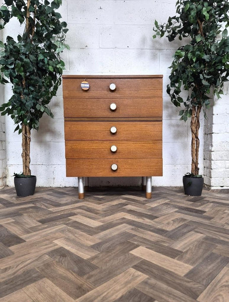 Vintage Mid-Century Teak Tallboy Chest Of 5 Drawers Scandi Retro MCM