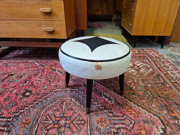 Vintage Mid-Century Sherborne White & Black Vinyl Foot Stool Pouffe Retro 70's