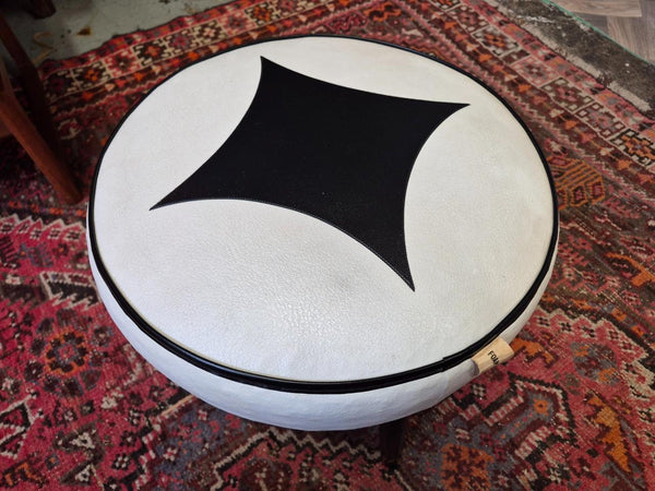 Vintage Mid-Century Sherborne White & Black Vinyl Foot Stool Pouffe Retro 70's