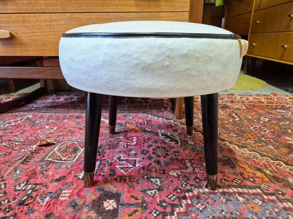 Vintage Mid-Century Sherborne White & Black Vinyl Foot Stool Pouffe Retro 70's